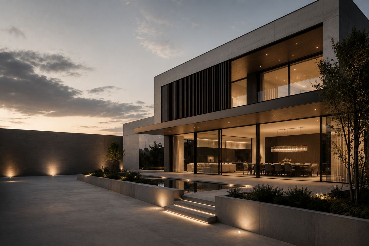 Modern luxury home exterior at dusk with architectural lighting, illuminated steps, and pendant chandelier visible through glass walls