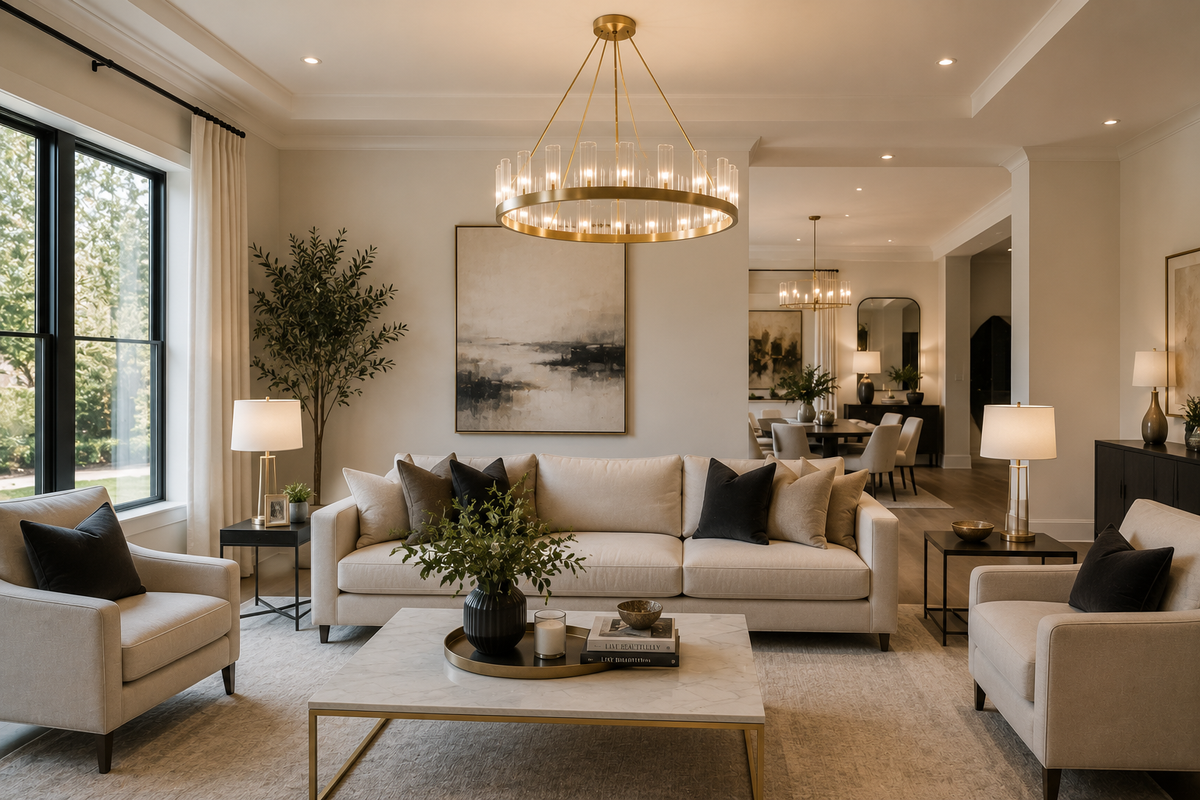 Modern living room with gold chandelier, beige sofa, and ambient lighting for contemporary interiors