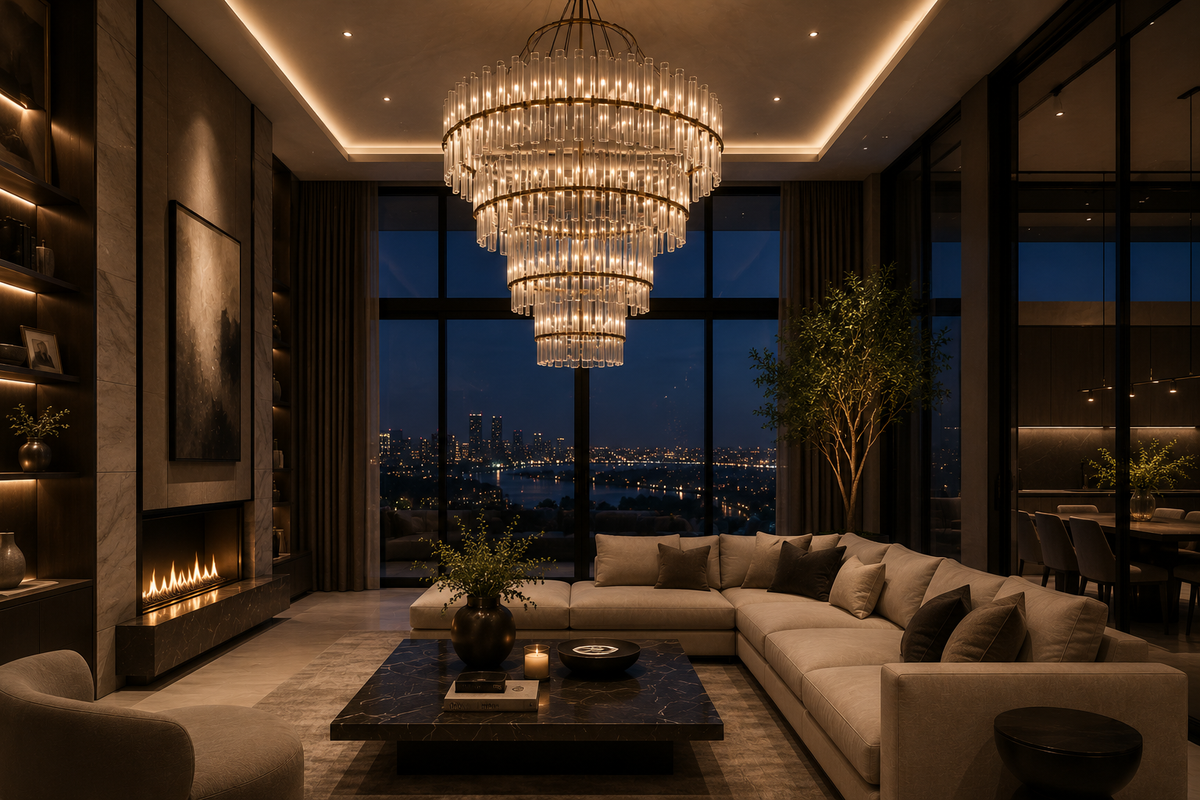 Luxury living room with ambient lighting and a crystal chandelier 