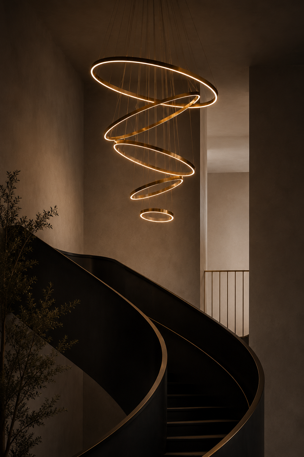 Modern spiral pendant light with warm glow over curved staircase, contemporary interior lighting design