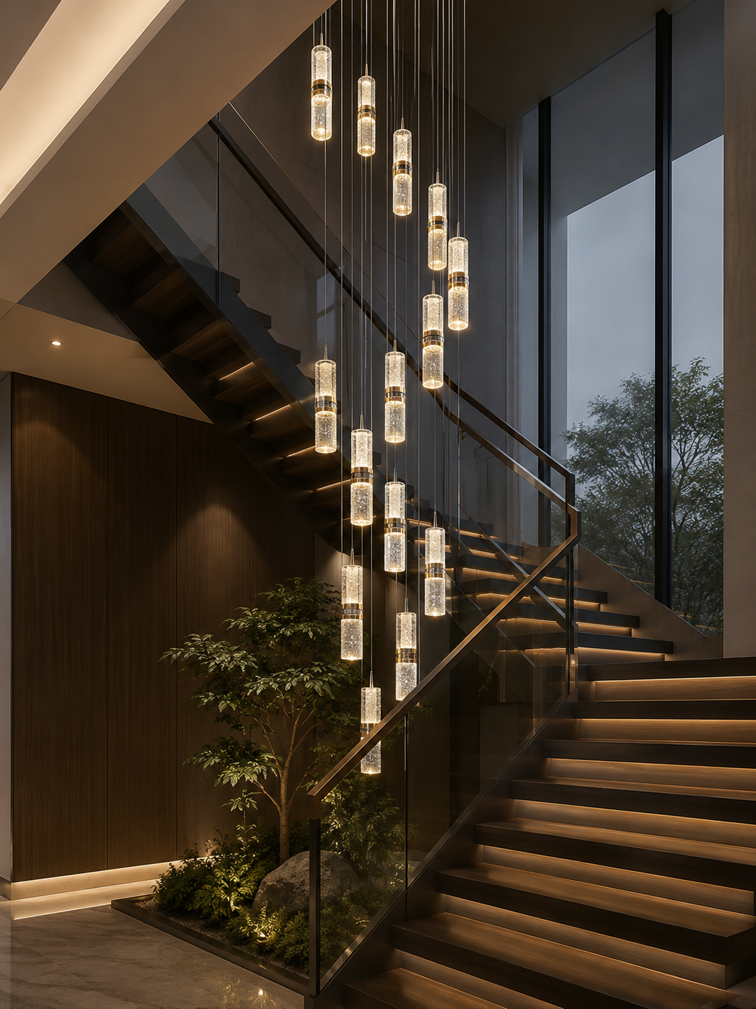 Modern pendant lights with crystal cylinders illuminate a luxury staircase with warm LED lighting and glass railings