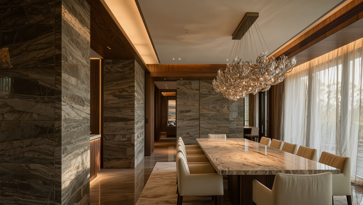 Luxury dining room with modern chandelier, marble table, and sleek pendant lighting for contemporary interiors