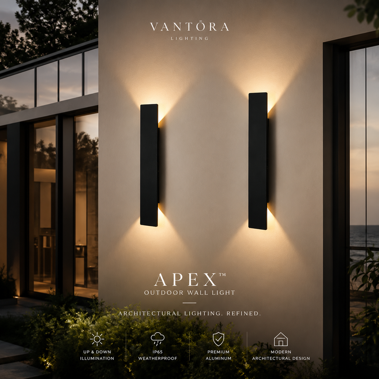 Modern outdoor wall lights with up & down illumination, IP65 weatherproof, premium aluminum, architectural design