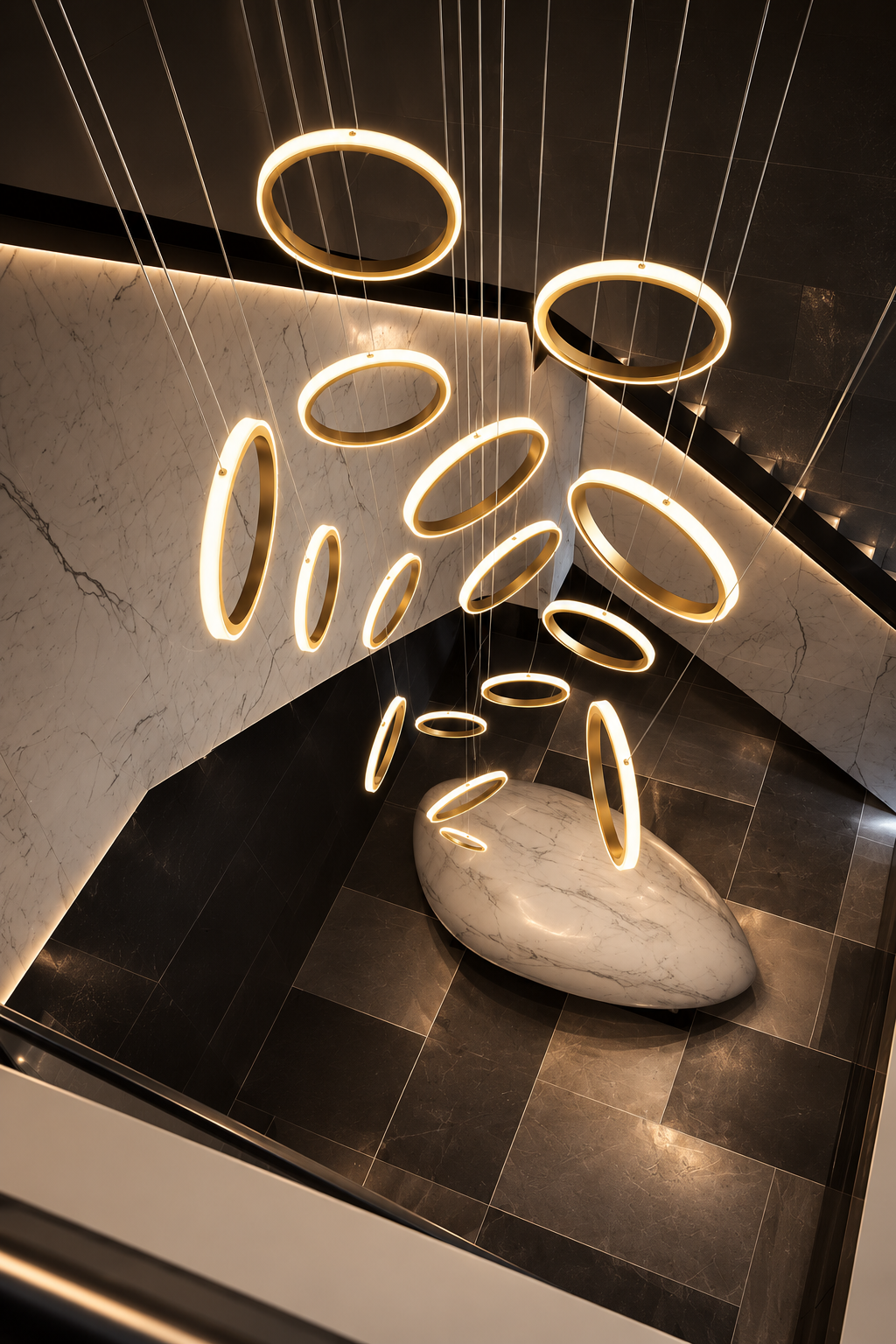 Modern gold ring pendant lights illuminate a luxury marble staircase with ambient glow