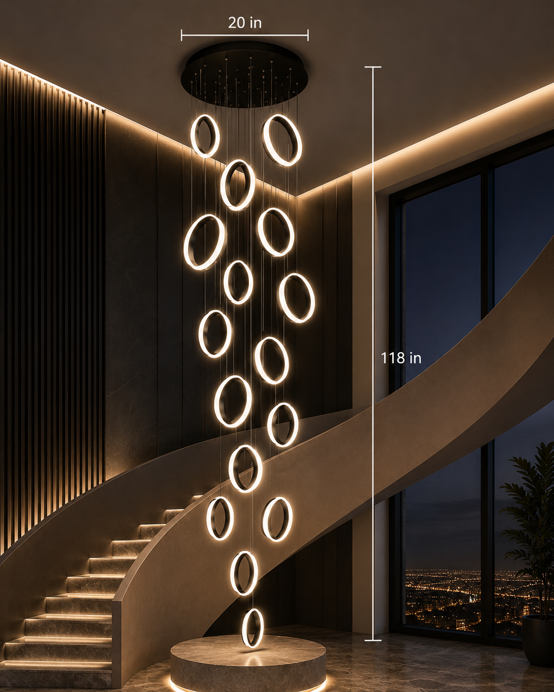 Modern spiral pendant light with glowing rings, 118 inches tall, illuminating luxury staircase interior