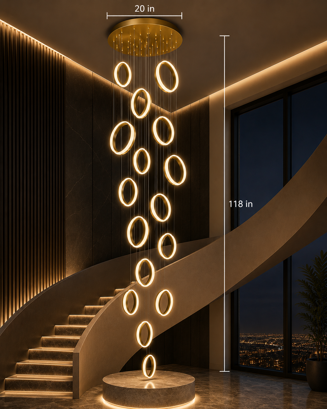 Modern LED ring chandelier with cascading circular lights, 118 inches tall, illuminating luxury staircase