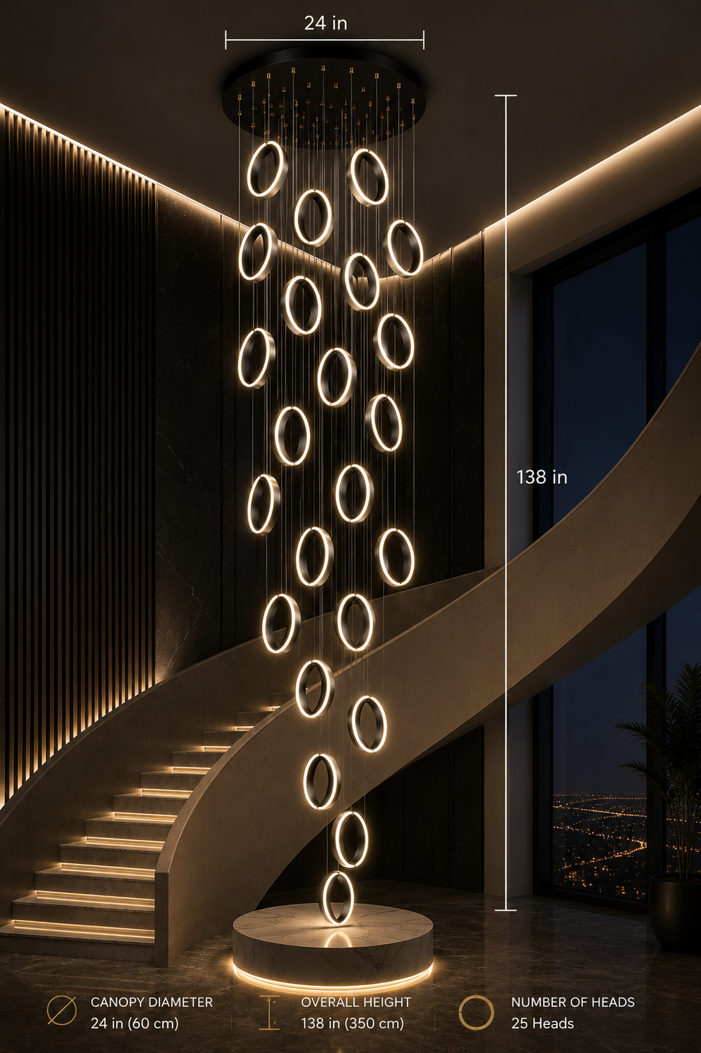 Modern LED chandelier with 25 glowing rings, 138-inch height, illuminating luxury staircase interior