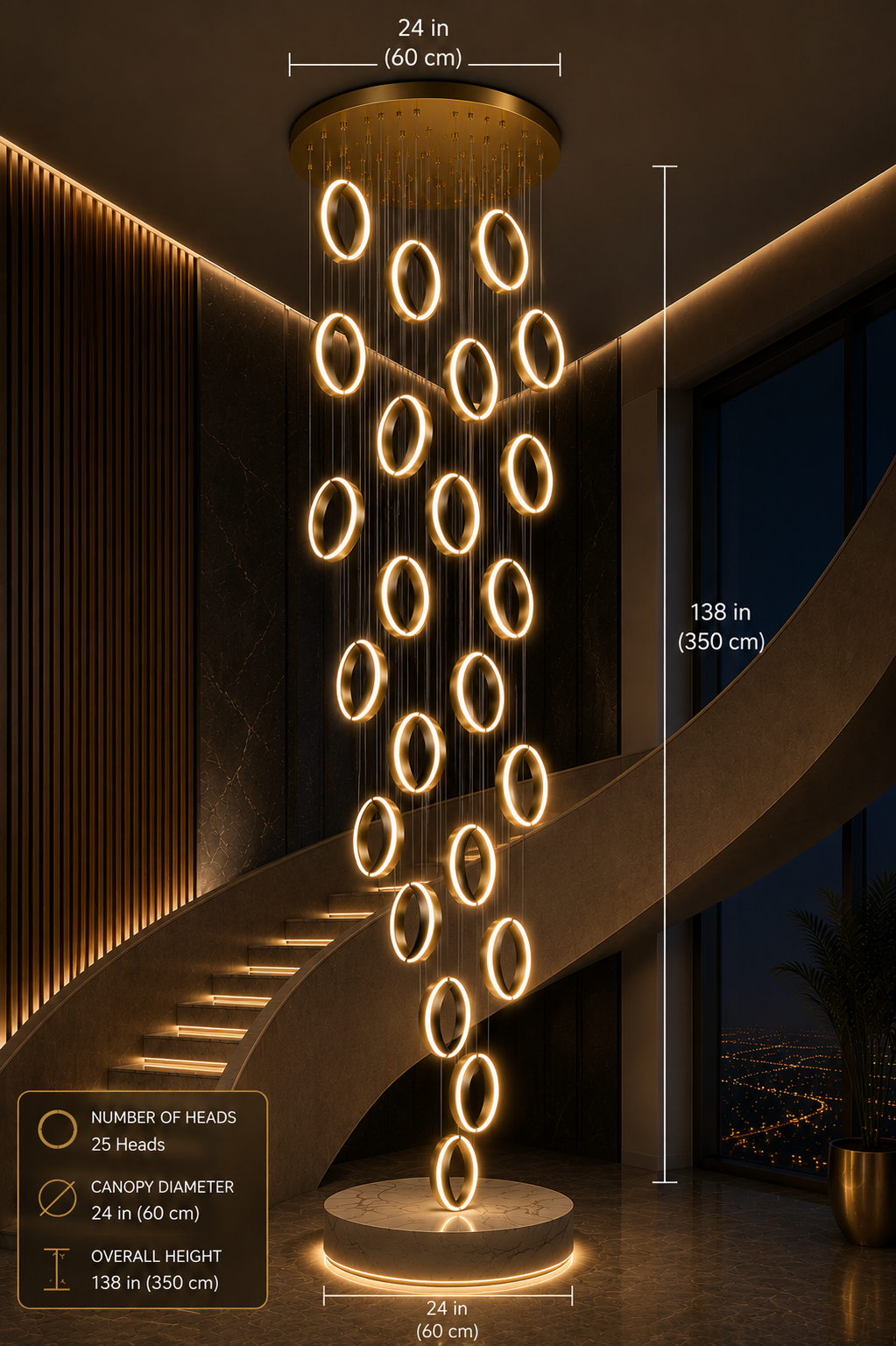 Modern 25-head LED chandelier with 138-inch height, glowing rings over luxury staircase, architectural lighting for contemporary interiors