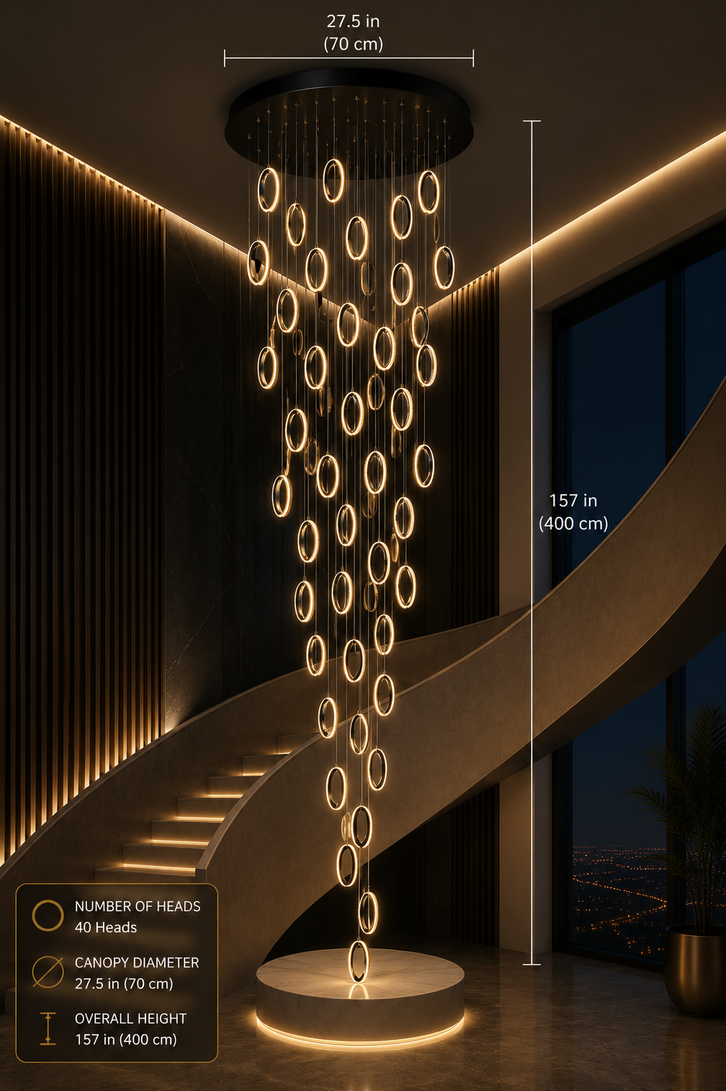 Modern cascading chandelier with 40 glowing rings, 157-inch height, illuminating luxury staircase interior