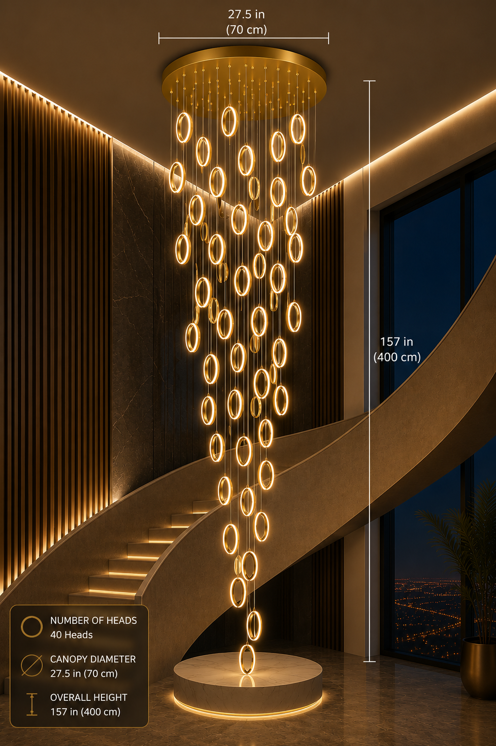Modern cascading chandelier with 40 oval LED lights, 157-inch height, for luxury stairwell lighting