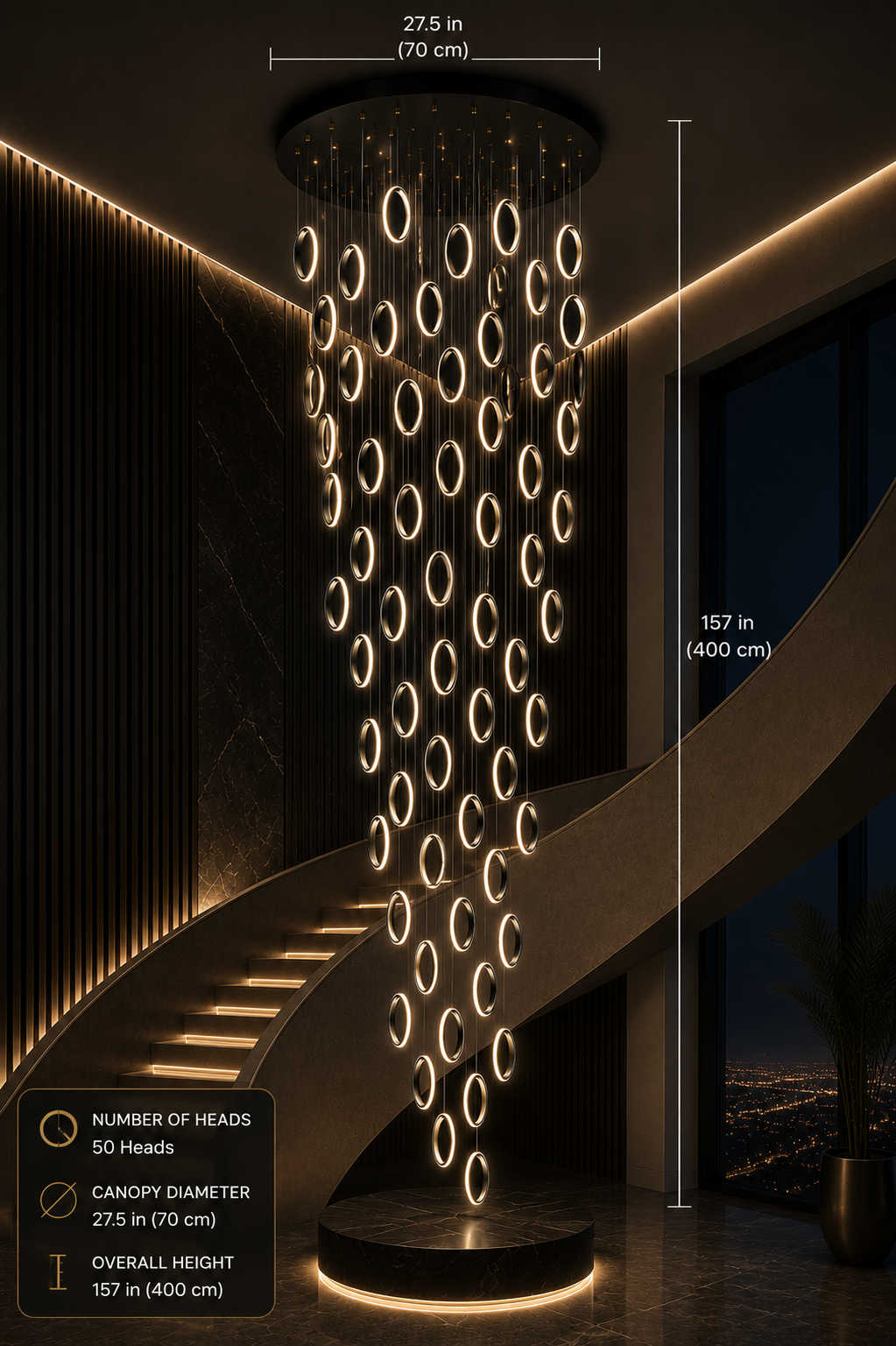 Modern luxury chandelier with 50 glowing rings, 157-inch height, perfect for grand staircases and high ceilings
