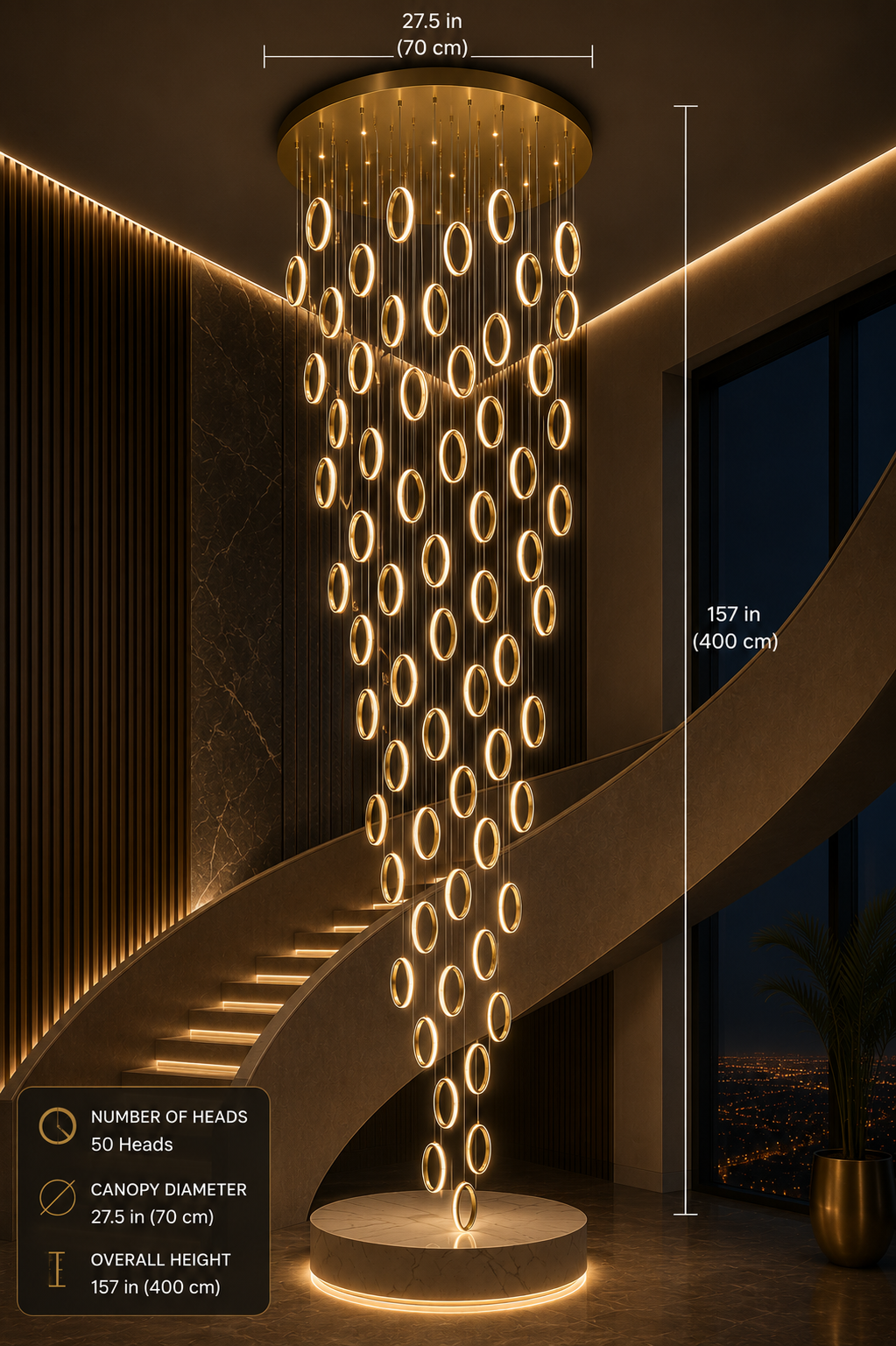 Modern luxury chandelier with 50 glowing rings, 157-inch height, perfect for grand staircases and contemporary interiors