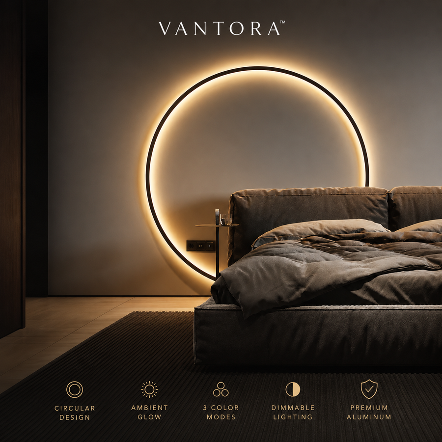 Modern circular wall light with ambient glow, dimmable LED, 3 color modes, premium aluminum, above bed