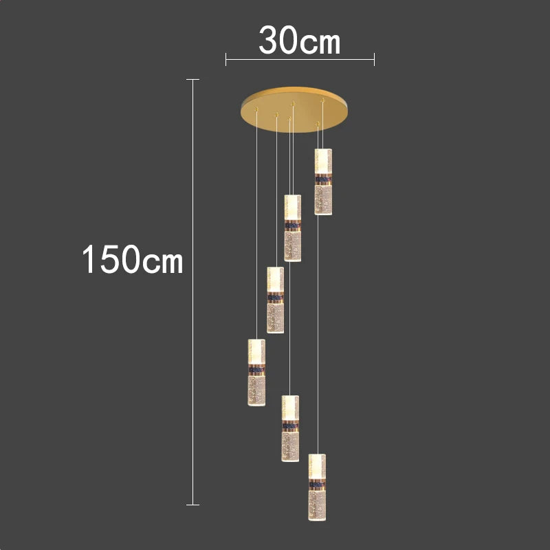 Modern pendant light with cascading crystal cylinders, 150cm drop, gold ceiling mount, ideal for contemporary interiors