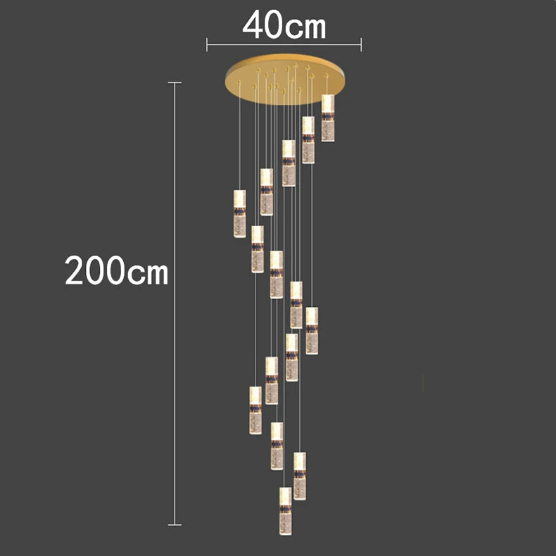 Modern pendant light with cascading crystal cylinders, 200cm drop, 40cm ceiling mount, ideal for contemporary interiors.