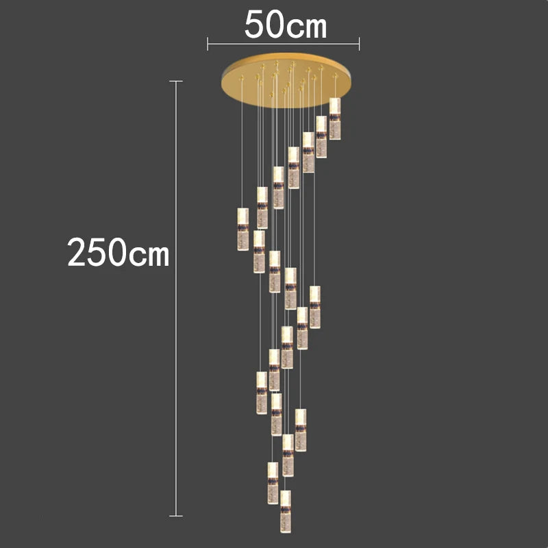 Modern cascading pendant light with 50cm canopy and 250cm drop, featuring crystal cylinders for contemporary interiors