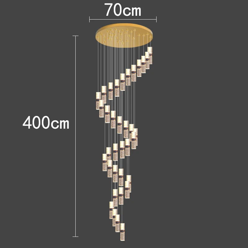 Modern spiral pendant light with 400cm drop, gold ceiling mount, and cascading crystal cylinders for contemporary interiors