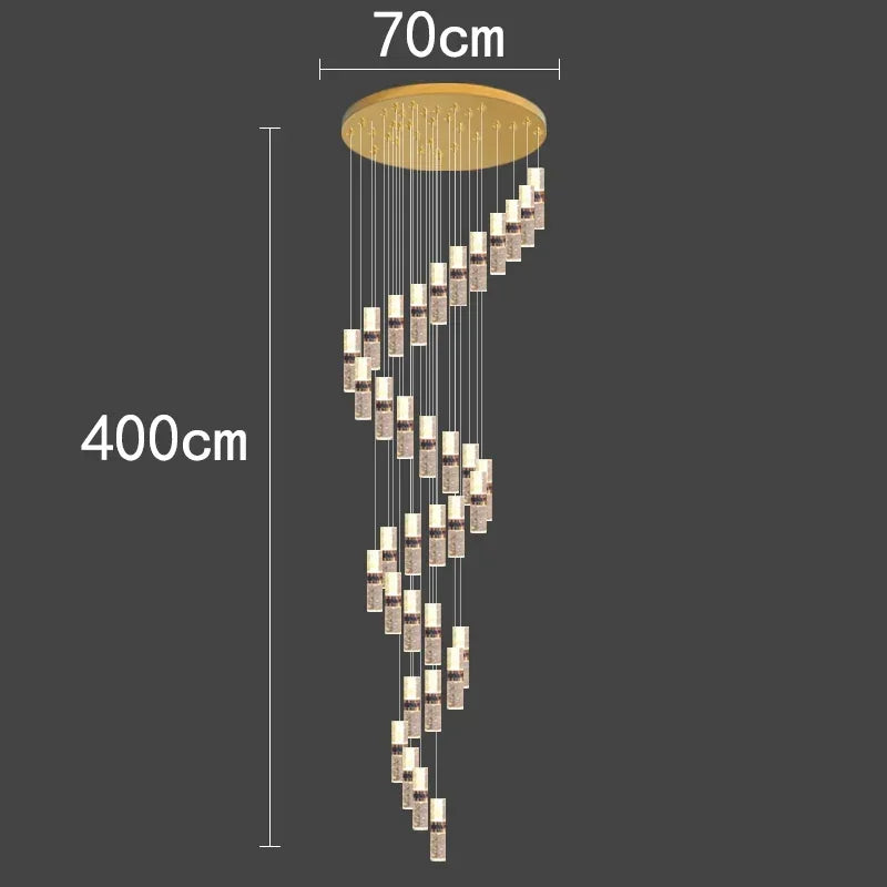 Modern spiral pendant light with 400cm drop, gold ceiling mount, and cascading crystal cylinders for contemporary interiors