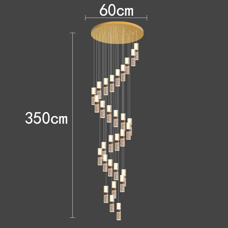 Modern 350cm tall pendant light with cascading crystal cylinders, 60cm diameter ceiling mount, elegant interior lighting