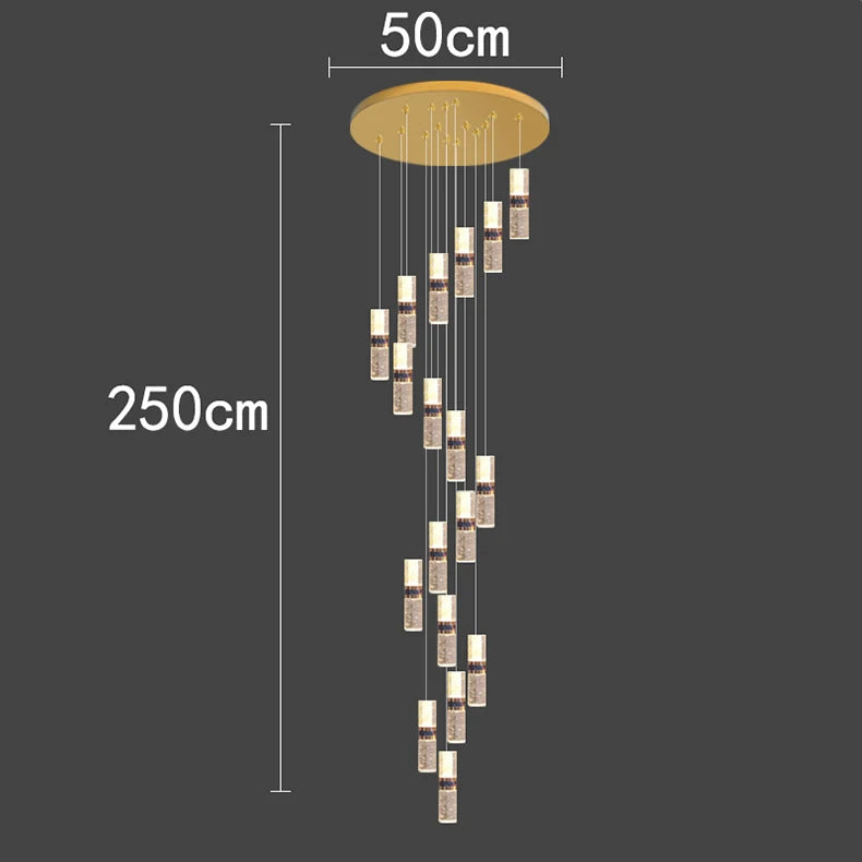 Modern cascading pendant light with 250cm drop, gold canopy, and crystal cylinders for contemporary interiors