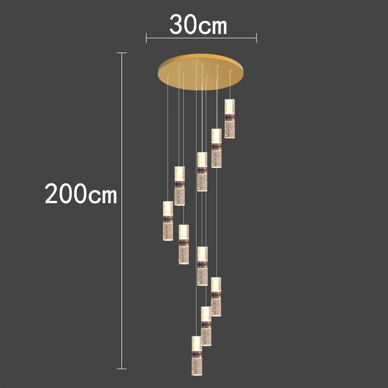 Modern pendant light with cascading crystal cylinders, 200cm drop, gold ceiling mount for contemporary interiors