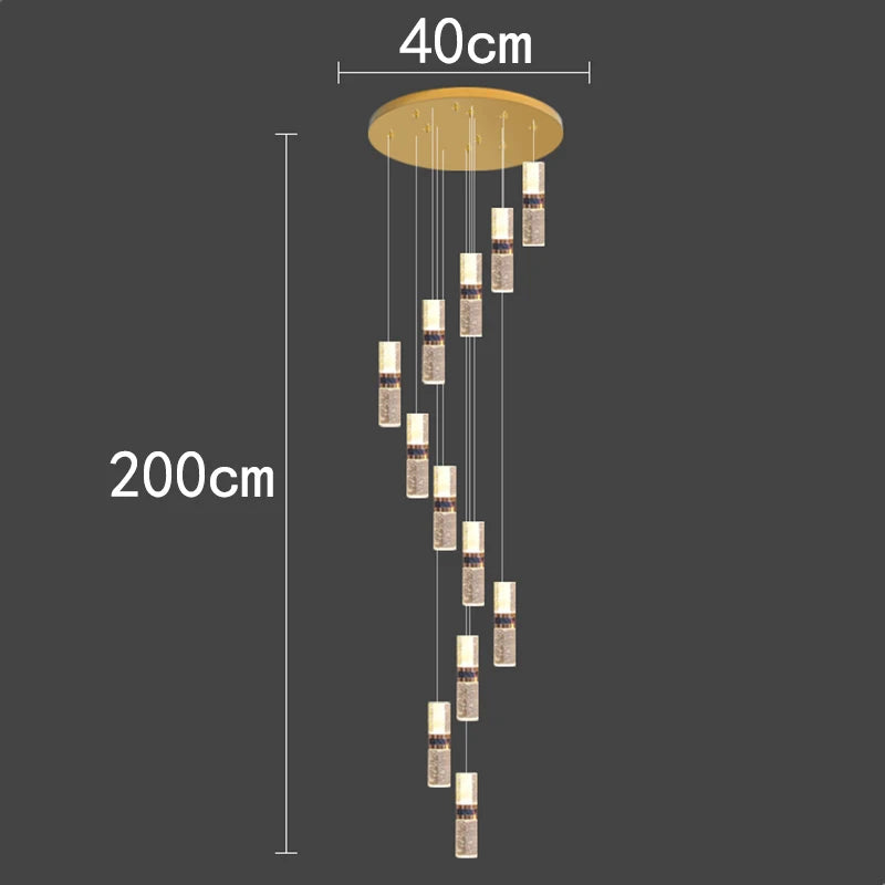 Modern pendant light with cascading crystal cylinders, 200cm drop, 40cm ceiling mount, ideal for contemporary interiors.
