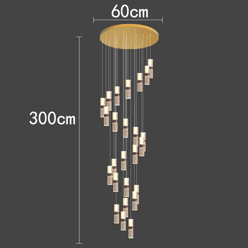 Modern 300cm tall pendant light with cascading cylindrical shades, 60cm diameter ceiling mount, ideal for contemporary interiors.