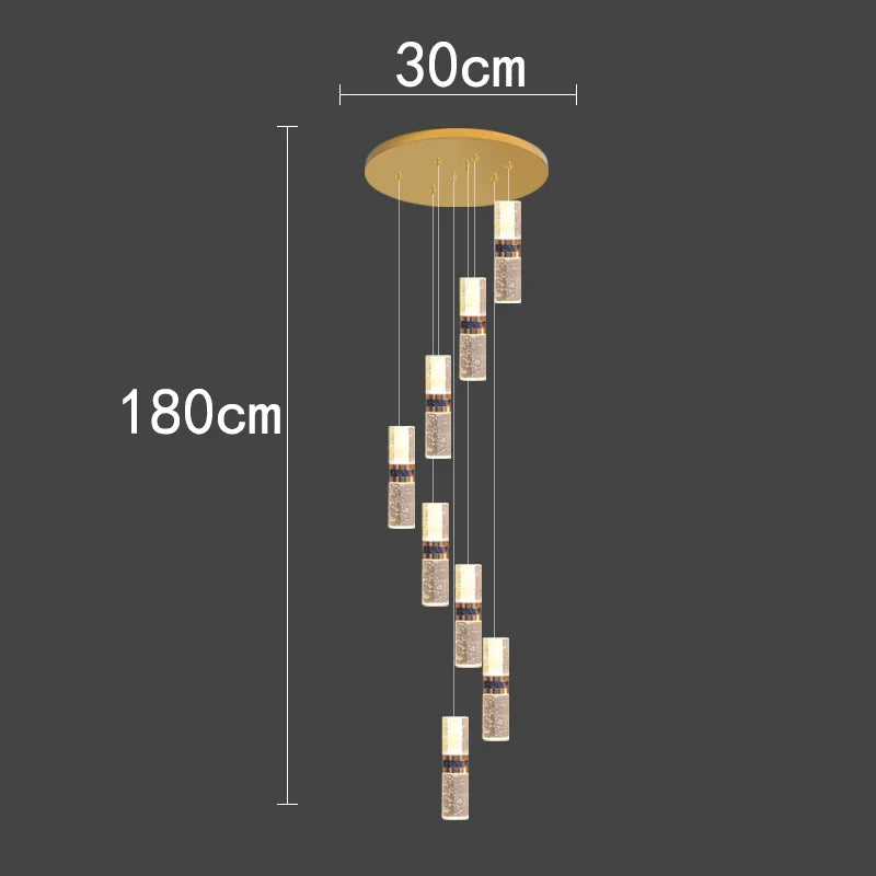 Modern pendant light with cascading crystal cylinders, 180cm drop, gold ceiling mount, ideal for contemporary interiors