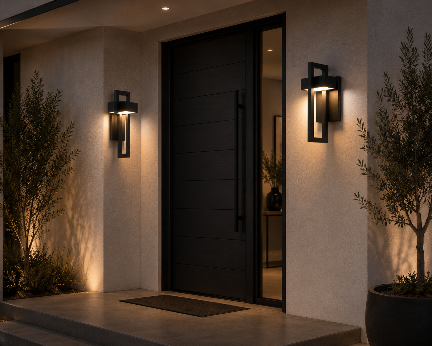 Modern black wall sconces illuminate a contemporary front door entrance with warm ambient lighting.