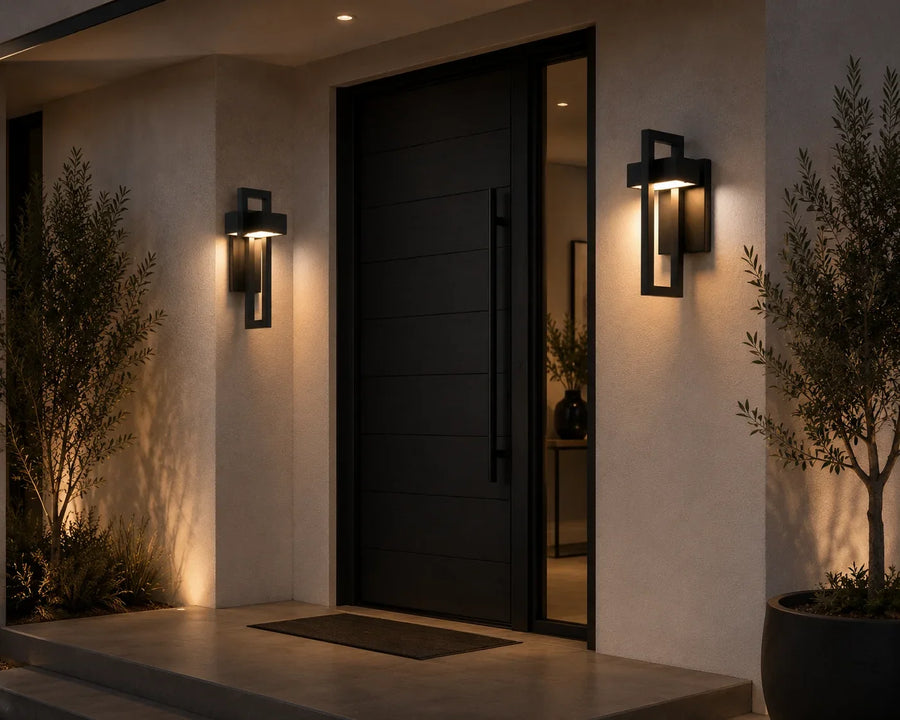 Modern black wall sconces illuminate a contemporary front door entrance with warm ambient lighting.