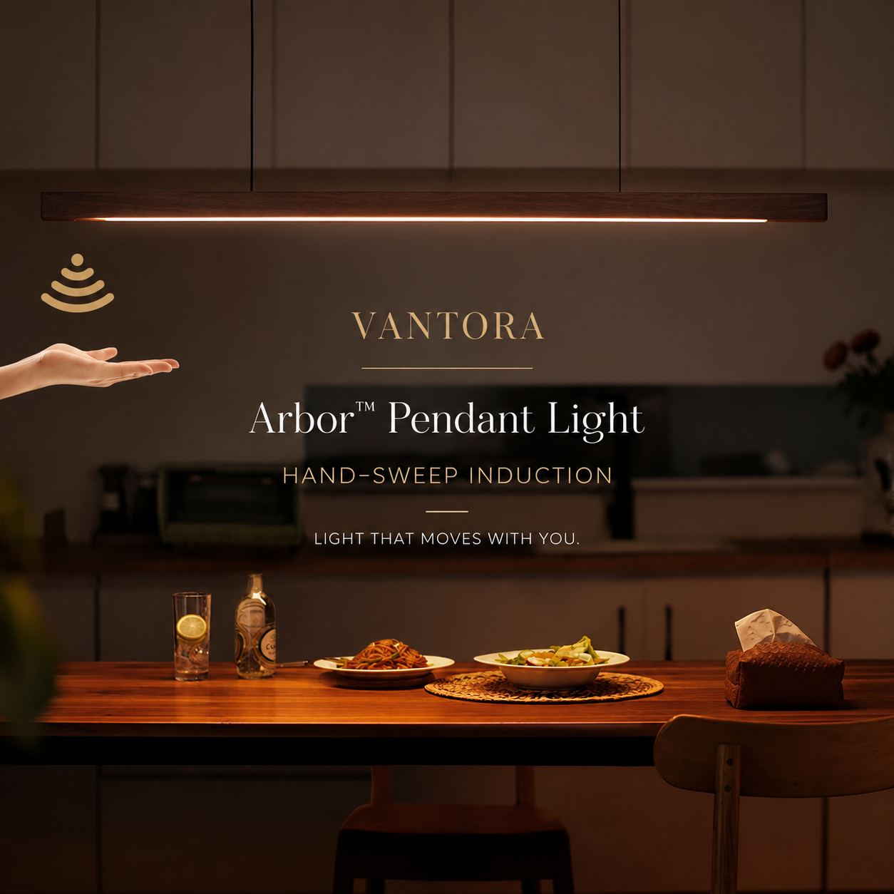 Arbor™ Pendant Light with hand-sweep induction, modern kitchen lighting over dining table
