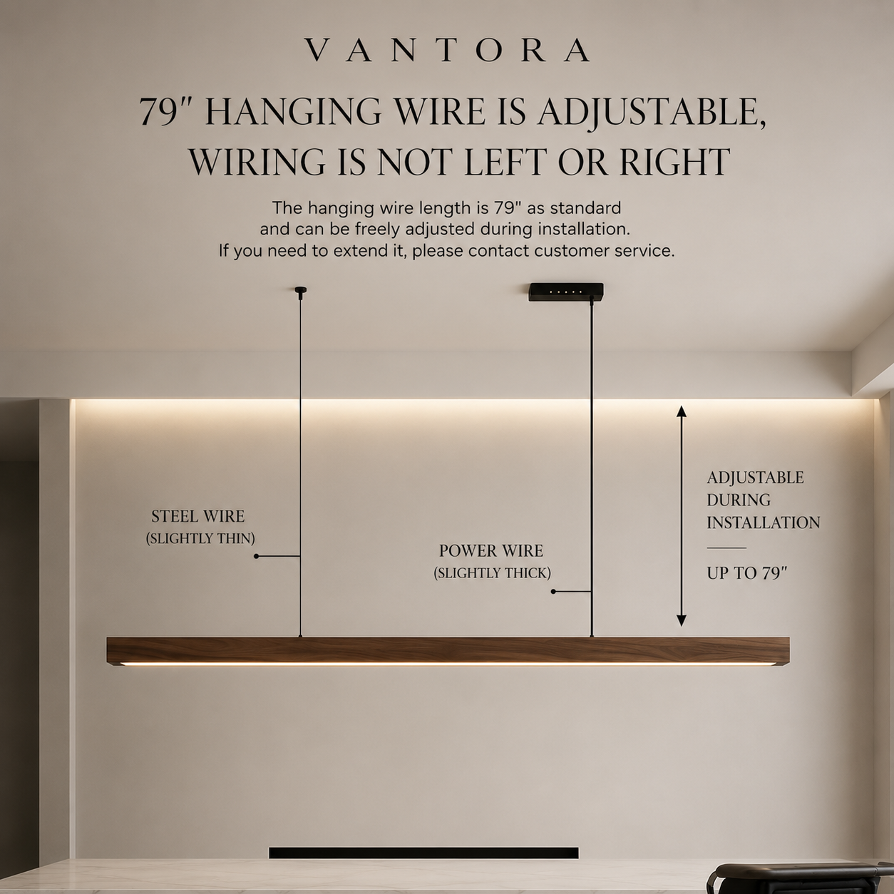Modern linear pendant light with adjustable 79-inch hanging wire, steel and power cables, warm ambient glow