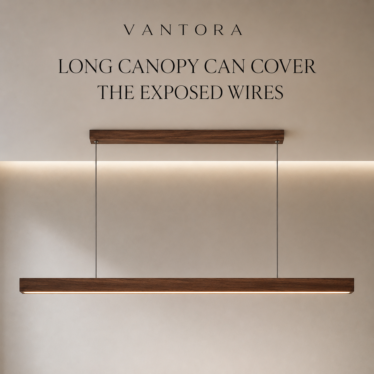 Modern linear pendant light with wood canopy, sleek design for contemporary interiors