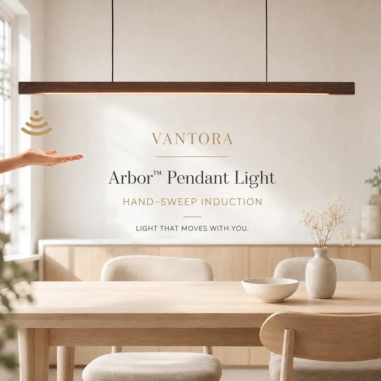Arbor Pendant Light with black walnut wood body illuminating a modern dining space