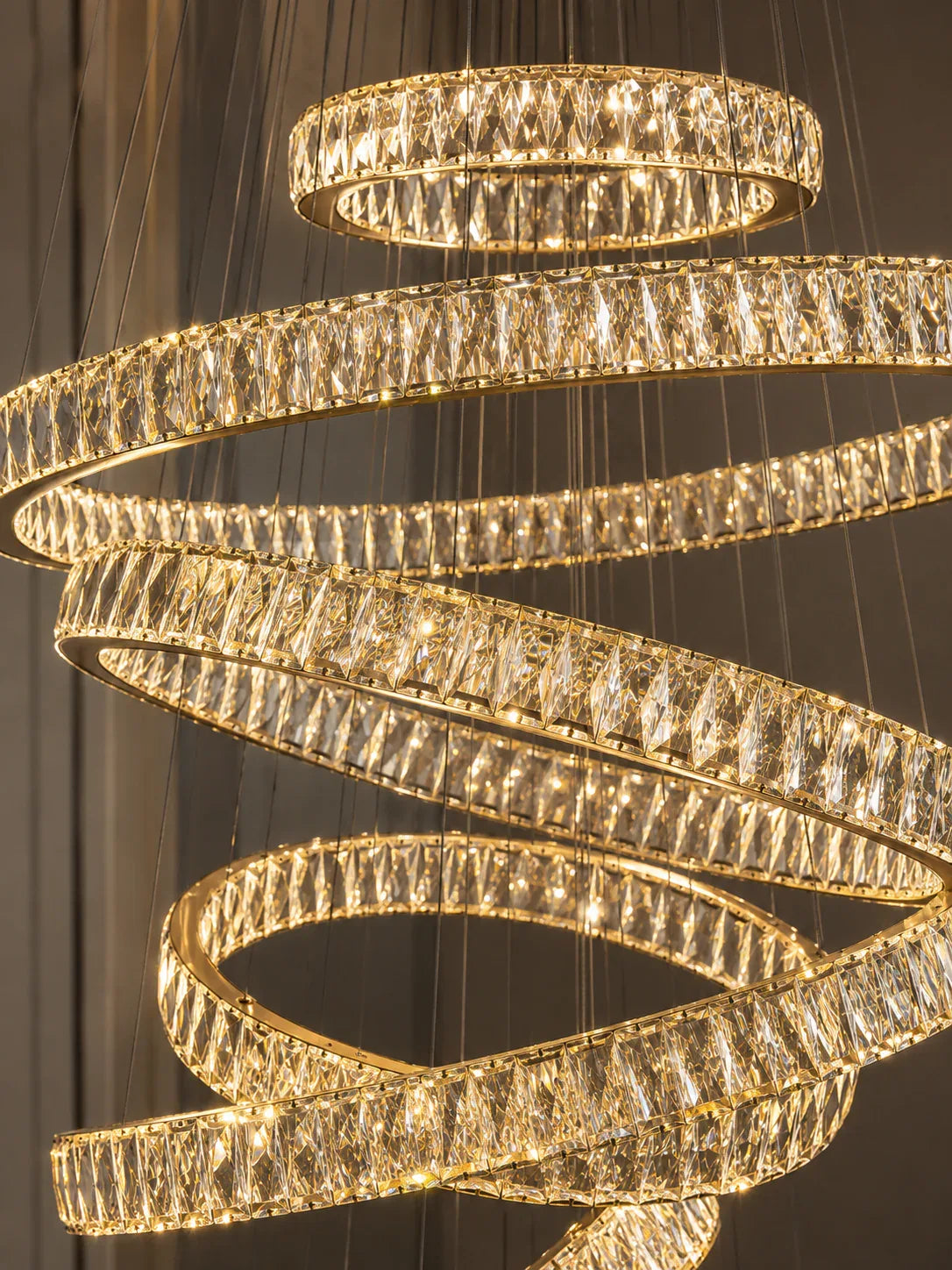Luxury crystal ring chandelier up-close detailed photo showcasing the crystals used in the fixture