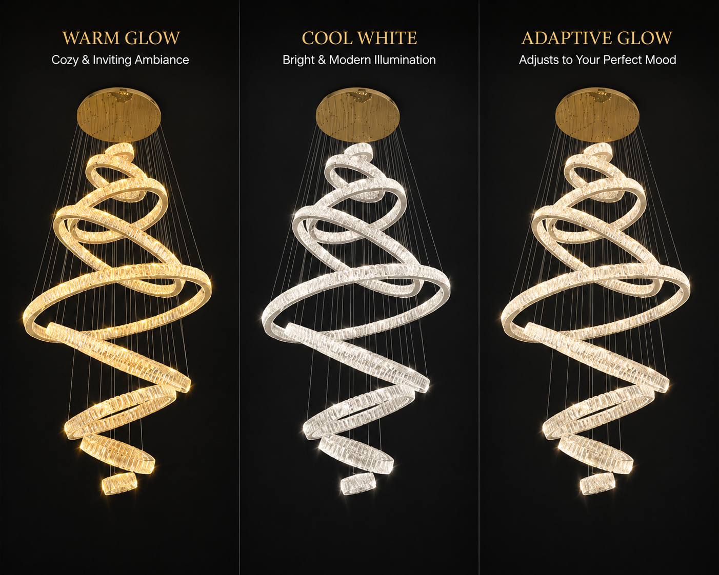 Three different Luxury lighting options for a decorative spiral light fixture on a black background.