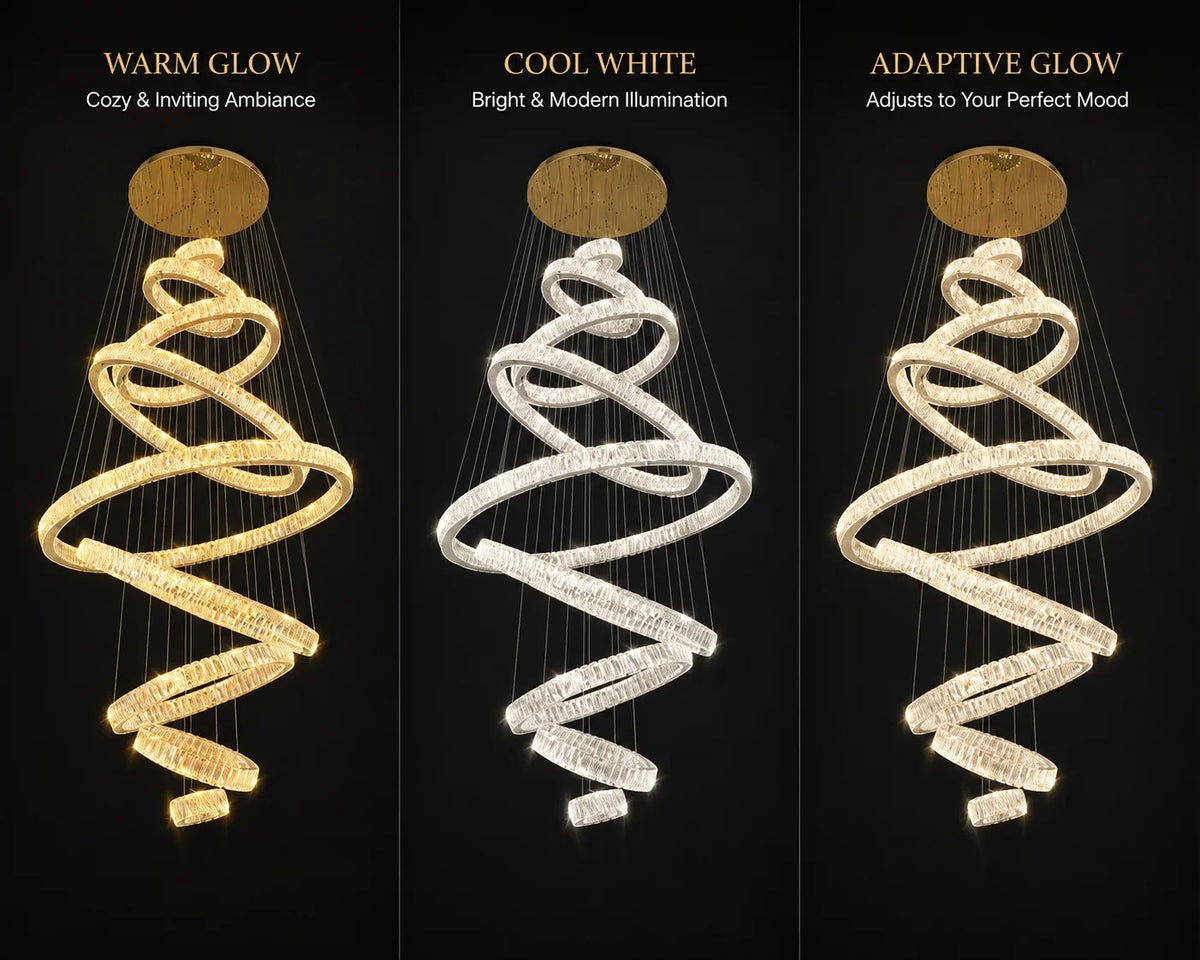 Spiral crystal chandelier with warm, cool, and adaptive glow lighting modes for modern interiors