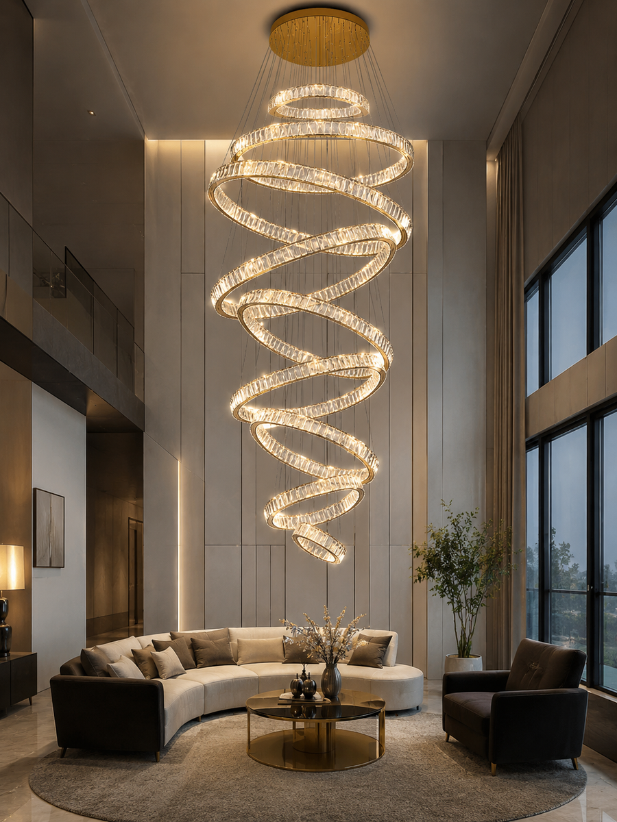 Spiral crystal chandelier illuminating modern living room with luxury pendant lighting design