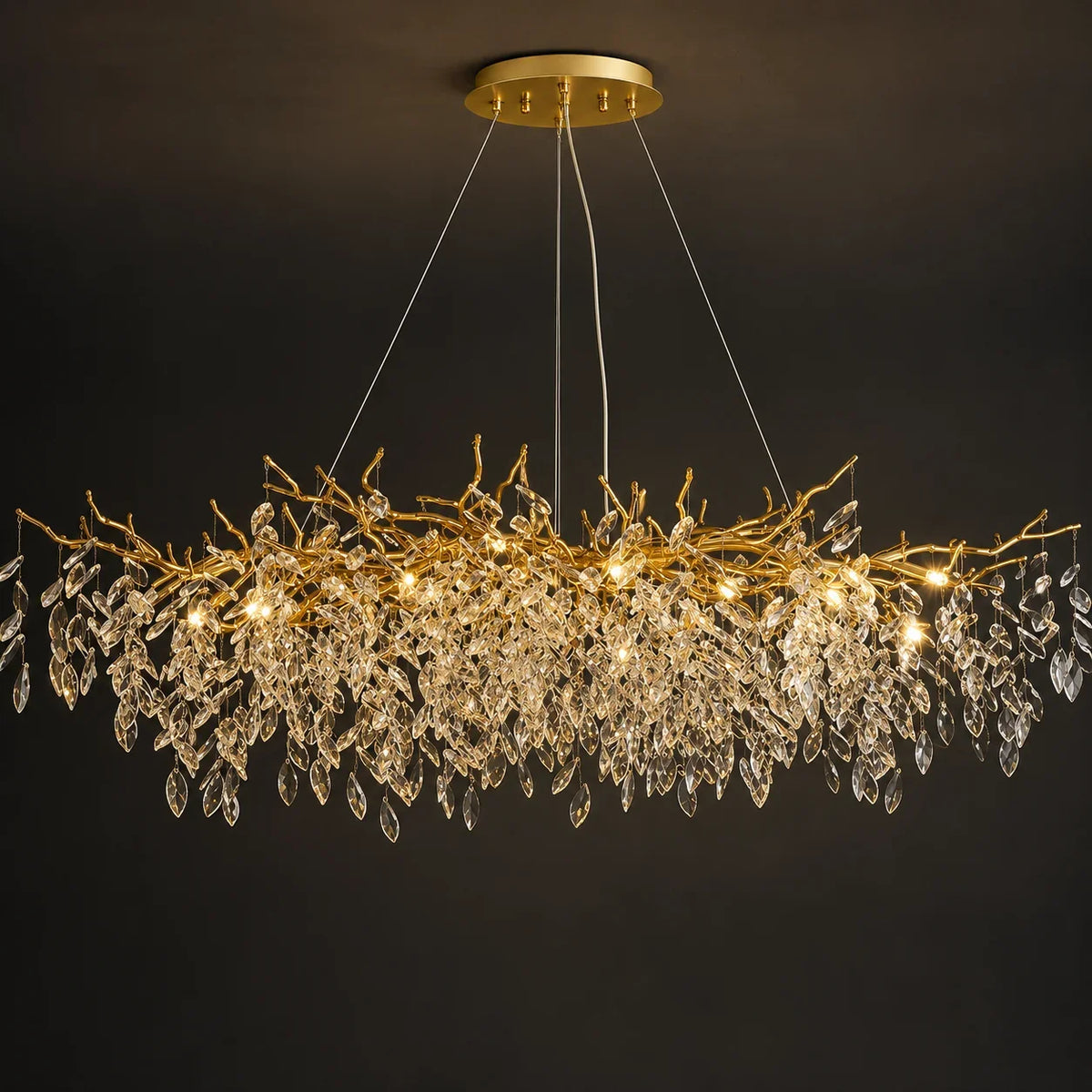 Luxury gold branch chandelier with crystal droplets, modern pendant lighting for elegant interiors