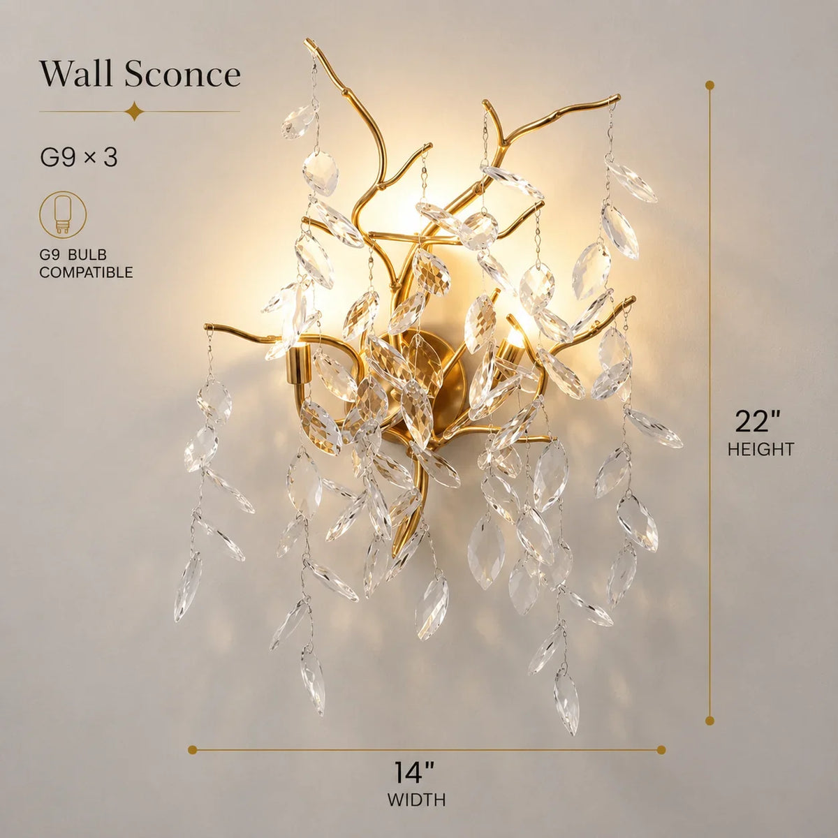 Elegant gold wall sconce with crystal droplets, 22" height, G9 bulb compatible, modern interior lighting