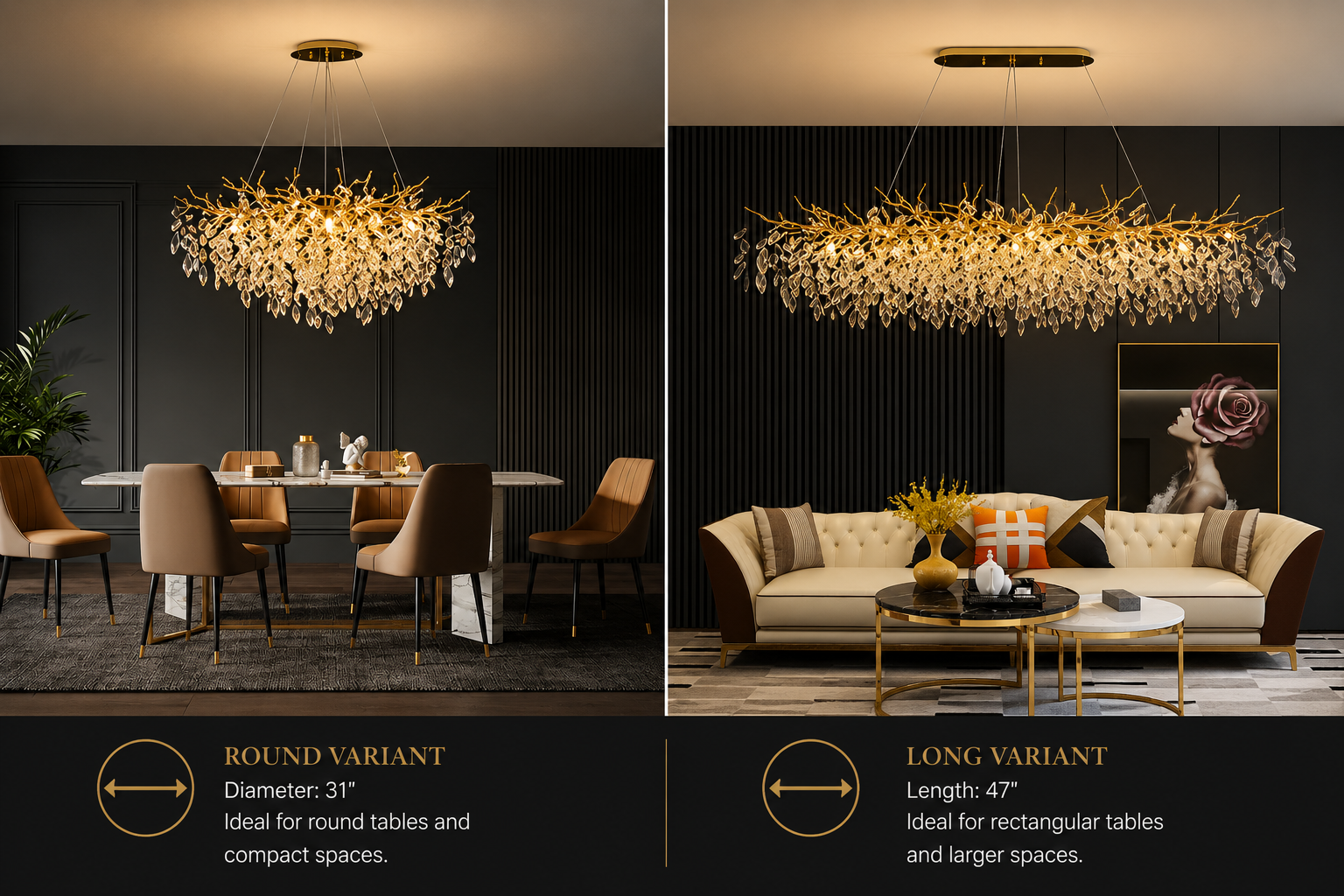 Chandelier displayed in a dining room and living room setting with text describing round and long variants.