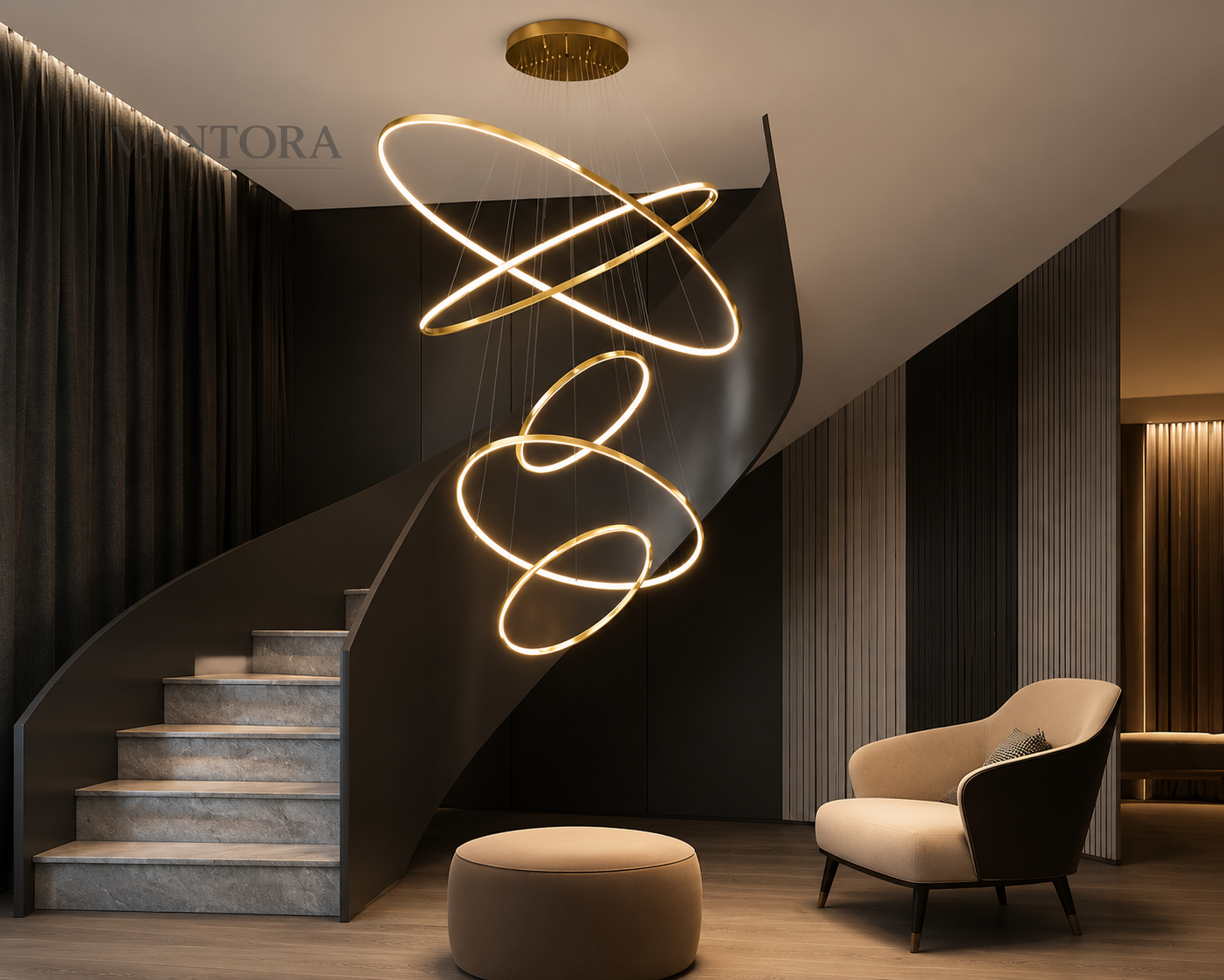 Modern interior with a spiral light fixture, staircase, and armchair.