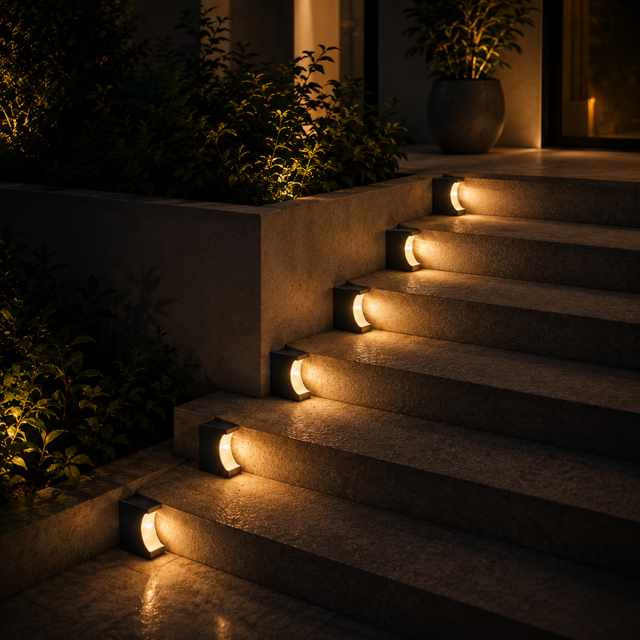 Modern outdoor step lights illuminating stone staircase with warm glow, perfect for architectural lighting