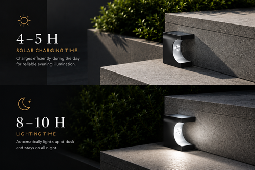 Solar-powered outdoor light fixture on stone steps with charging and lighting time text.