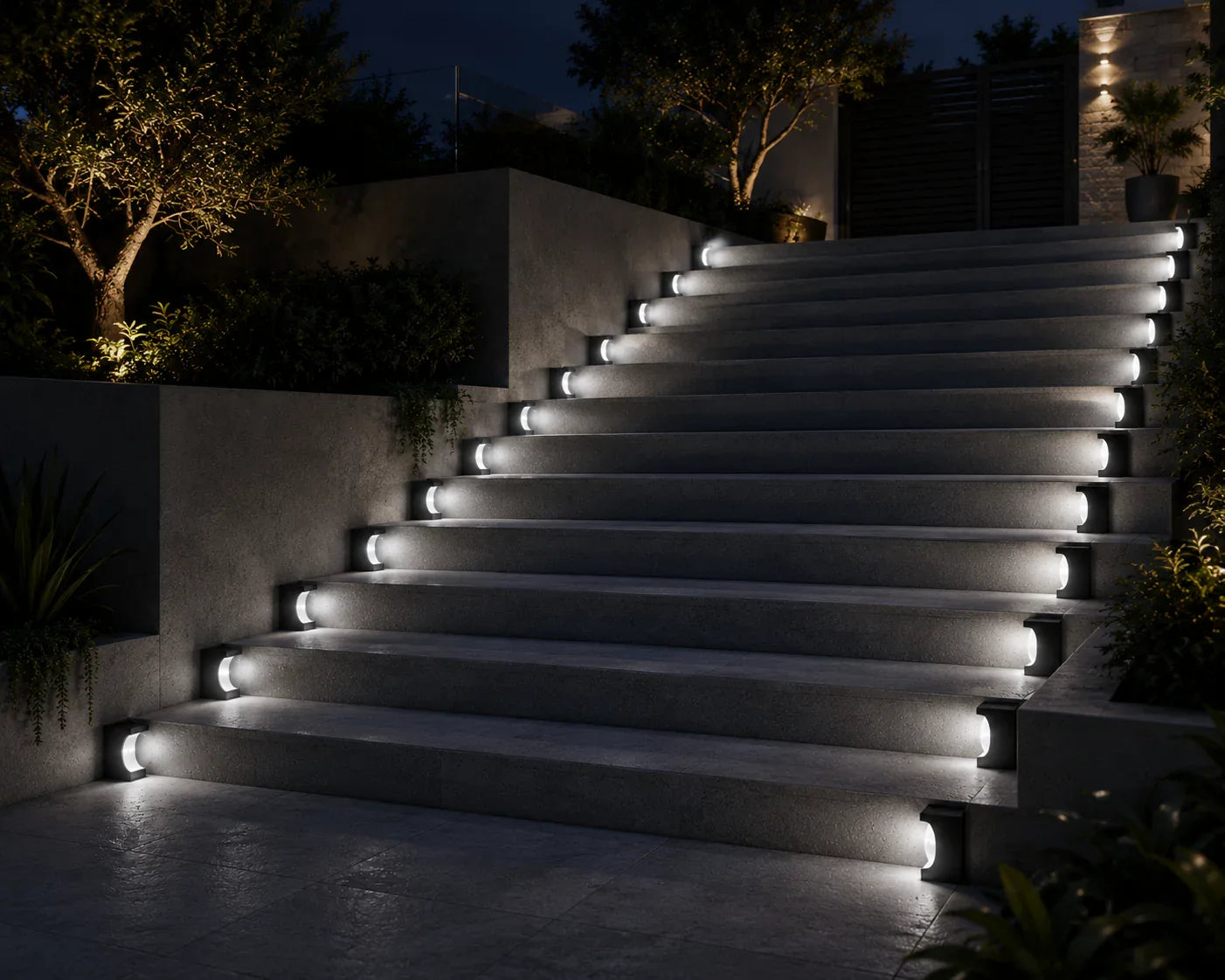 Staircase with modern outdoor lighting in a garden setting