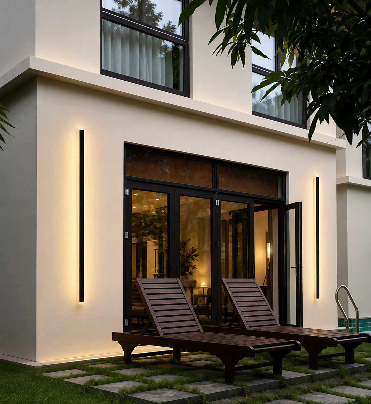 Modern house exterior with lounge chairs and wall lights