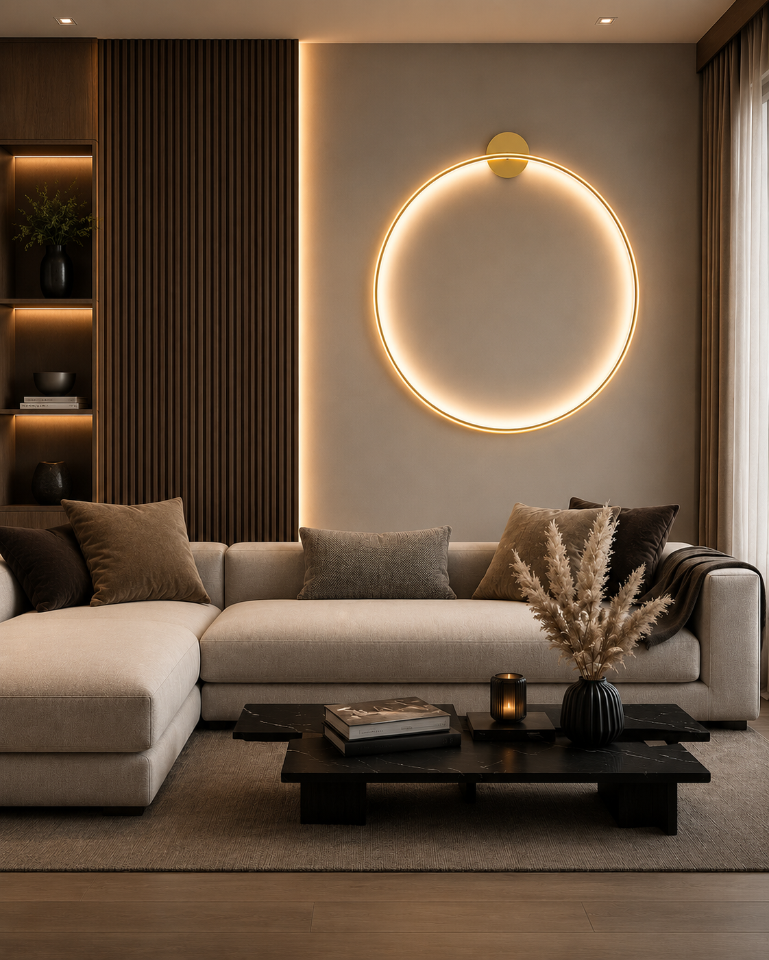 A modern living room featuring a light beige sectional sofa with dark brown and beige throw pillows, a black coffee table, and a prominent glowing circular wall light on a beige wall.