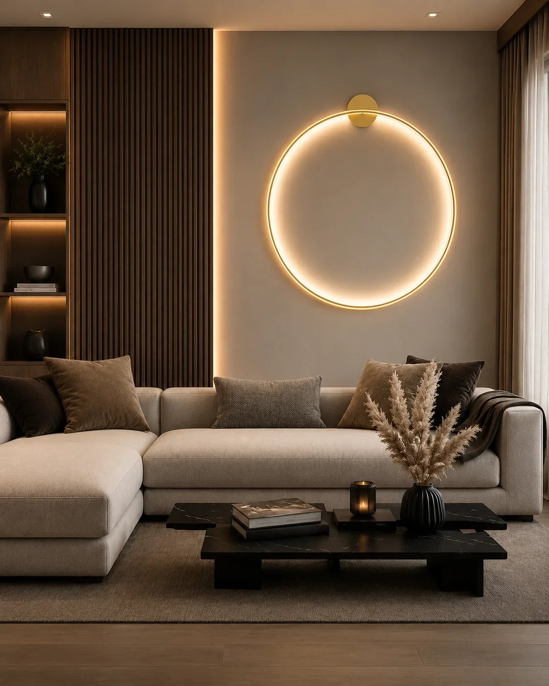 Modern circular wall sconce with warm glow in contemporary living room, enhancing ambient lighting and minimalist decor