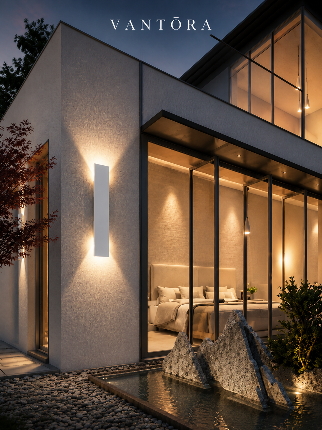 Modern wall sconce illuminating minimalist bedroom exterior with warm ambient lighting and glass facade